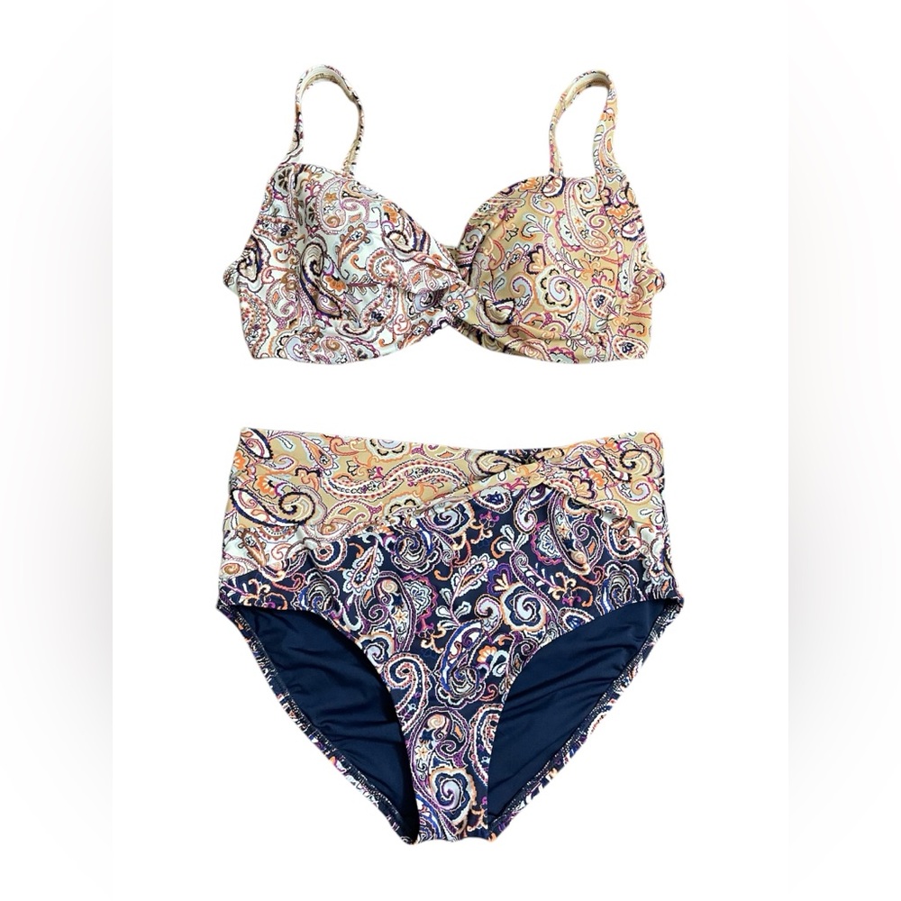 LANDS END Two Piece Paisley Print Contrast Colors Summer Vacation Swimsuit Sz 12